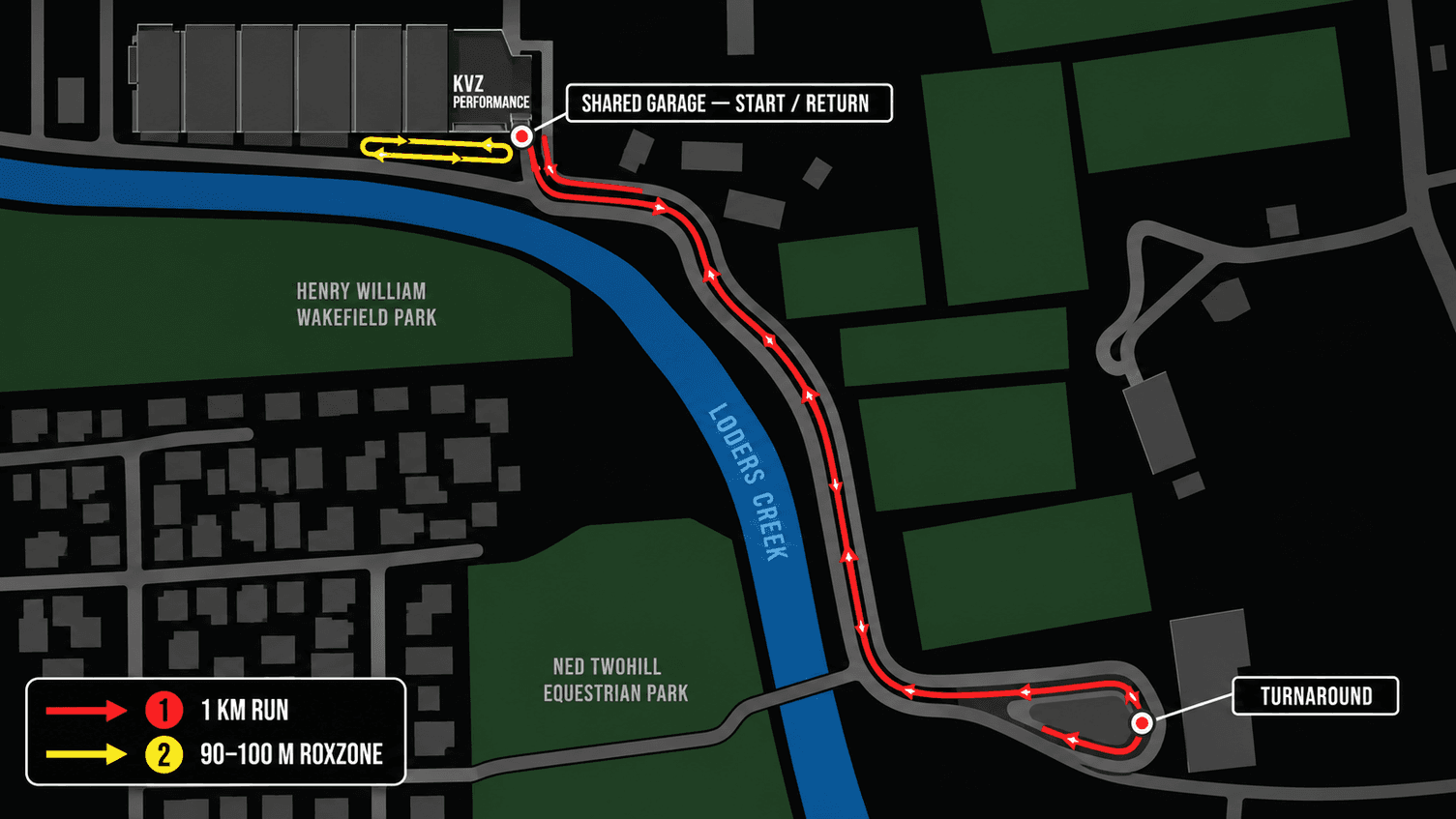 Course map: the run leg from KVZ Performance out along Loders Creek to the turnaround and back
